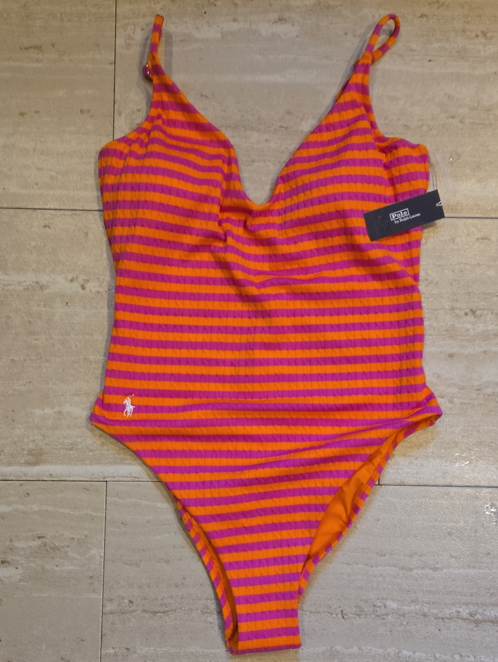 New POLO by Ralph Lauren Pink/Orange Stripe Jacquard One-Piece Swimsuit